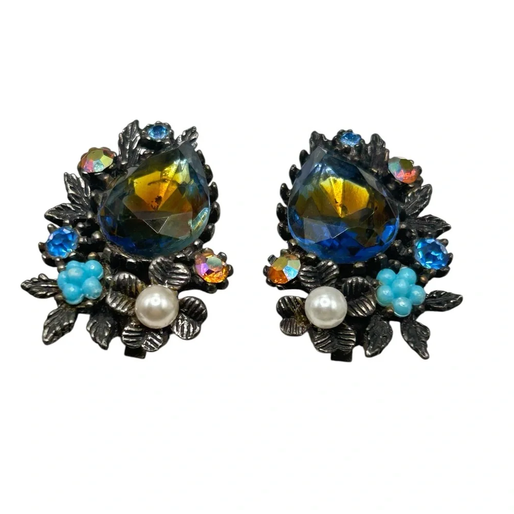 Vintage ART Arthur Pepper Floral Blue Rhinestone Brooch Earring Set